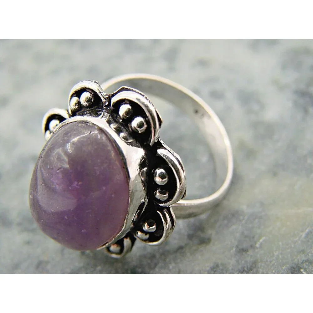 Amethyst Natural Stone Ring Sterling Silver Plated Birthstone Floral Frame 7.5 - Picture 8 of 10